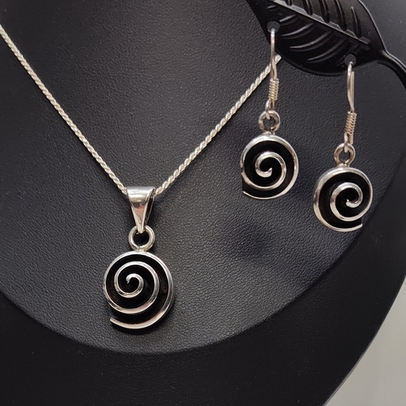 Vintage Jewelry - Vintage Mexico Sterling Silver Modernist Spiral Pendant Necklace Earring Set 20"